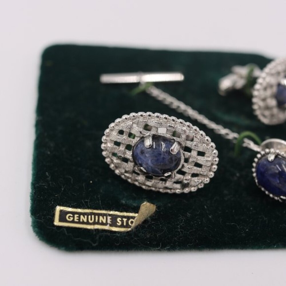 Sodalite Genuine Stone Blue Cuff Link & Tie Clip Set